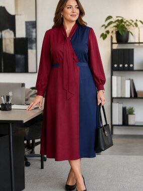 Eloquii Colorblock Tie Neck Midi Dress Burgundy Blue Long Sleeve Size 16